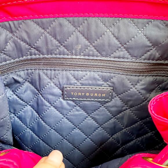 Tory Burch Perry Nylon Flap Backpack Bright Pink Fuchsia Leather Trim Bag - Picture 13 of 16
